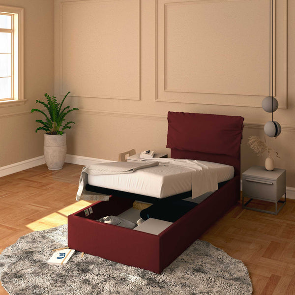 Letto contenitore singolo in ecopelle sfoderabile bordeaux Baldiflex Licia Soft 