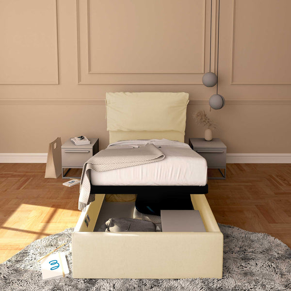Letto contenitore singolo in ecopelle sfoderabile crema Baldiflex Licia Soft fronte