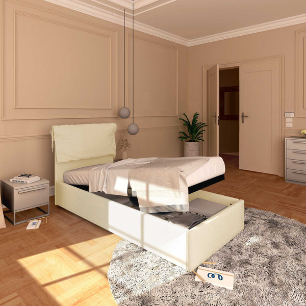 Letto contenitore singolo in ecopelle sfoderabile crema Baldiflex Licia Soft lato