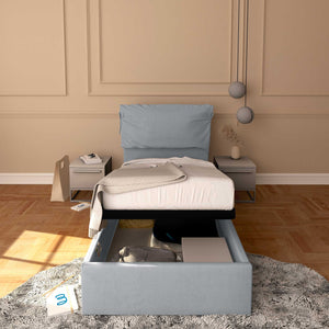 Letto contenitore singolo in ecopelle sfoderabile grigio chiaro Baldiflex Licia Soft fronte