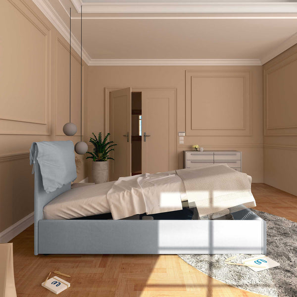 Letto contenitore singolo in ecopelle sfoderabile grigio chiaro Baldiflex Licia Soft laterale