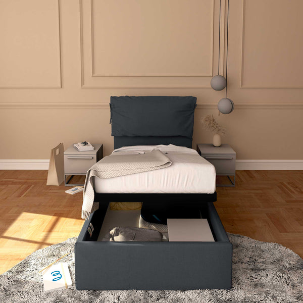 Letto contenitore singolo in ecopelle sfoderabile grigio scuro Baldiflex Licia Soft fronte