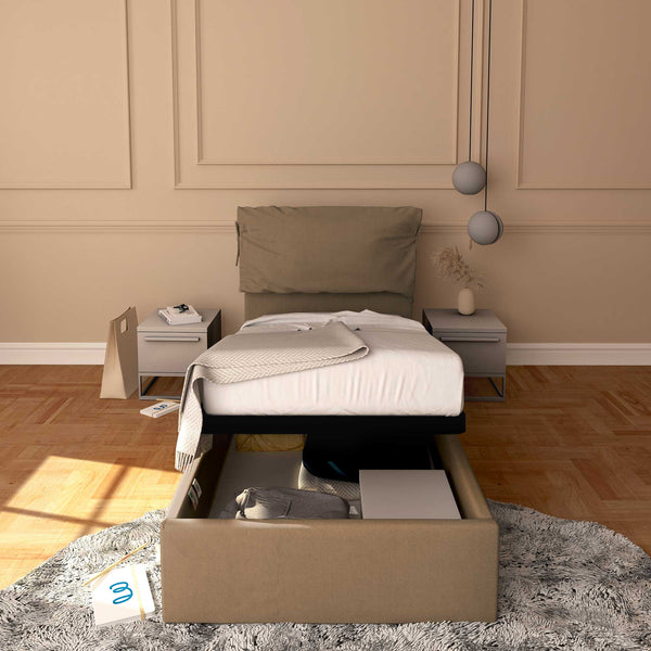 Letto contenitore singolo in ecopelle sfoderabile grigio talpa Baldiflex Licia Soft fronte