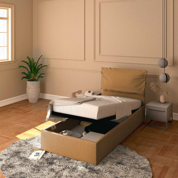 Letto contenitore singolo in ecopelle sfoderabile marrone chiaro Baldiflex Licia Soft 