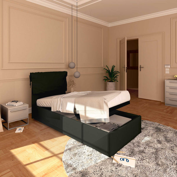 Letto contenitore singolo in ecopelle sfoderabile nero Baldiflex Licia Soft lato