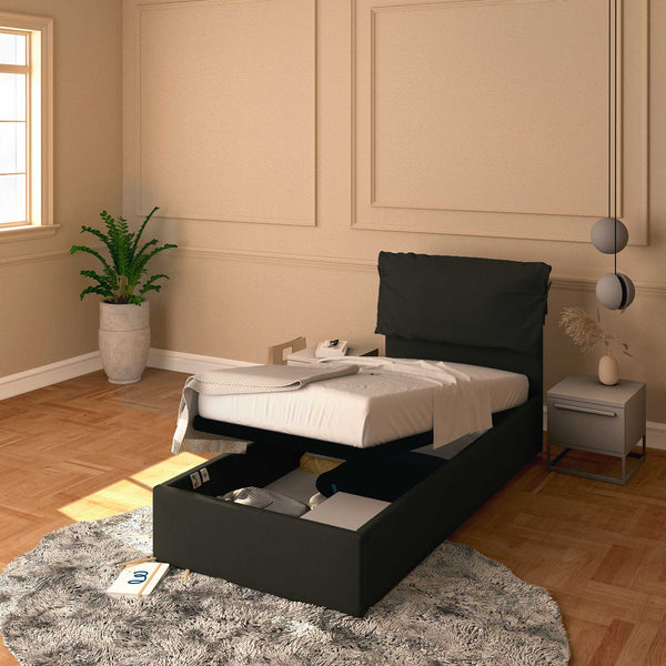 Letto contenitore singolo in ecopelle sfoderabile nero Baldiflex Licia Soft 