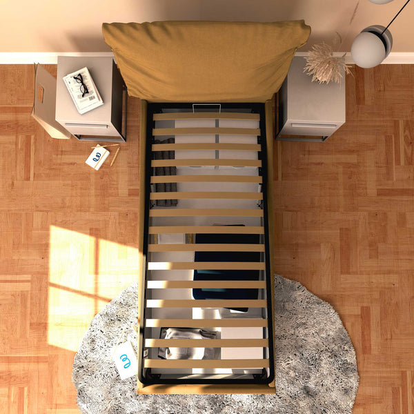 Letto contenitore singolo in ecopelle sfoderabile nocciola Baldiflex Licia Soft dall'alto