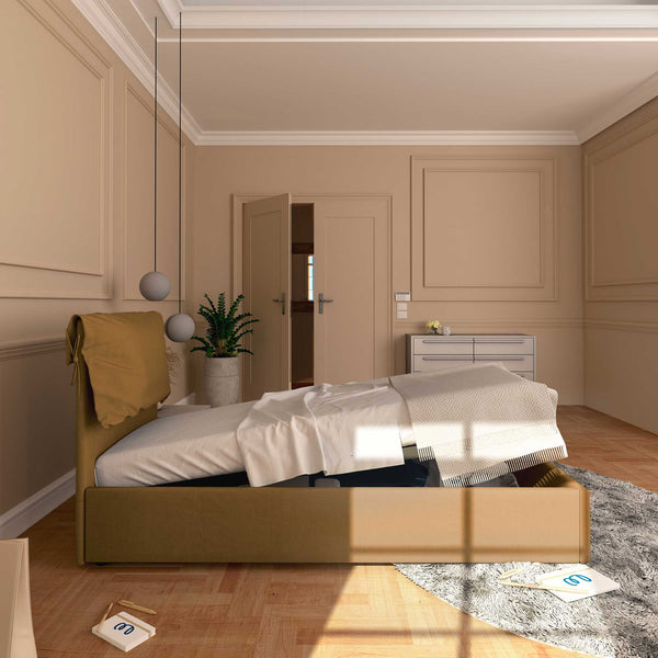 Letto contenitore singolo in ecopelle sfoderabile nocciola Baldiflex Licia Soft laterale