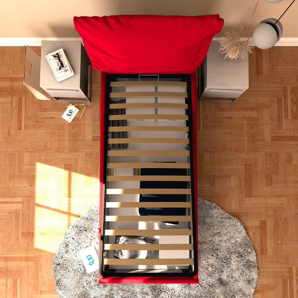 Letto contenitore singolo in ecopelle sfoderabile rosso Baldiflex Licia Soft dall'alto