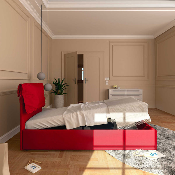 Letto contenitore singolo in ecopelle sfoderabile rosso Baldiflex Licia Soft laterale