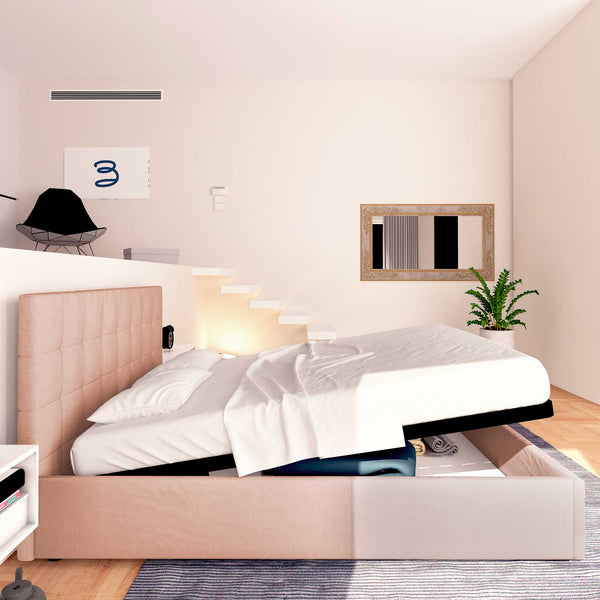 Letto contenitore singolo in tessuto rosa antico Baldiflex Dublino laterale