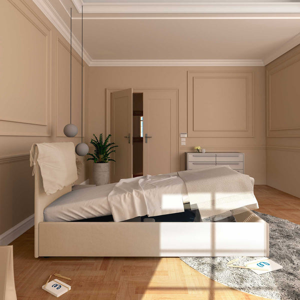 Letto contenitore singolo in tessuto sfoderabile beige Licia Soft Baldiflex laterale