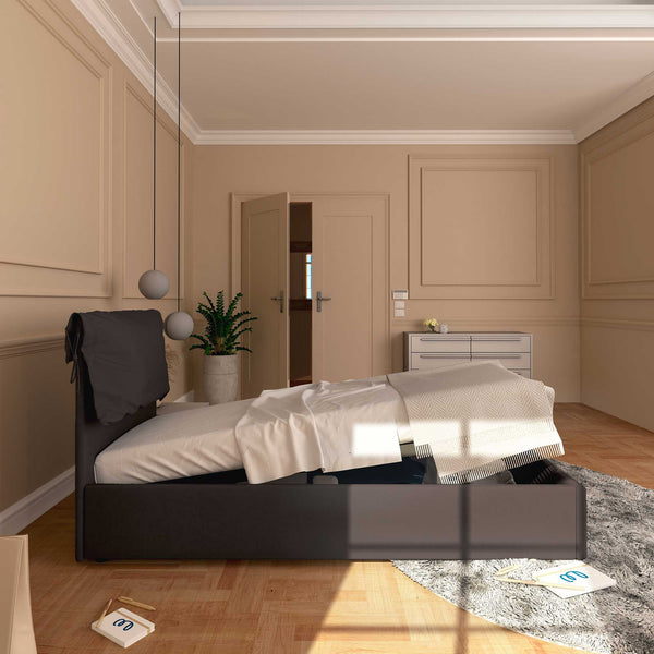 Letto contenitore singolo in tessuto sfoderabile caffè Licia Soft Baldiflex laterale