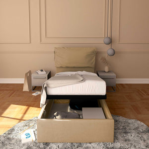 Letto contenitore singolo in tessuto sfoderabile cammello Licia Soft Baldiflex fronte