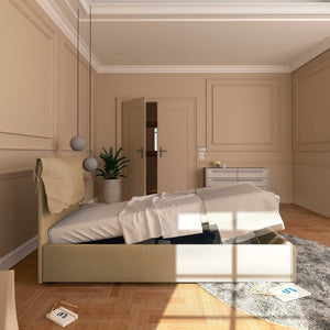 Letto contenitore singolo in tessuto sfoderabile cammello Licia Soft Baldiflex laterale