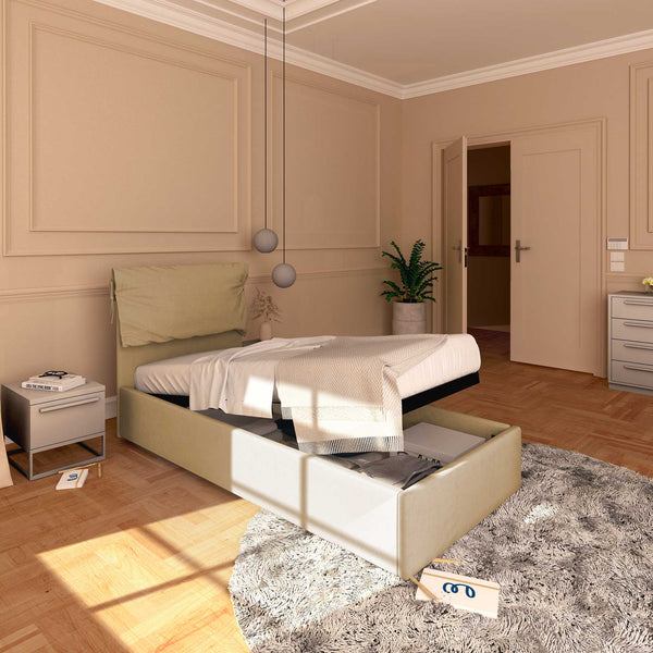 Letto contenitore singolo in tessuto sfoderabile cammello Licia Soft Baldiflex lato