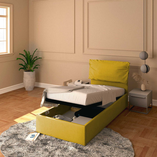 Letto contenitore singolo in tessuto sfoderabile giallo senape Licia Soft Baldiflex
