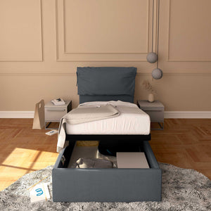 Letto contenitore singolo in tessuto sfoderabile grigio antracite Licia Soft Baldiflex fronte