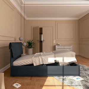 Letto contenitore singolo in tessuto sfoderabile grigio grafite Licia Soft Baldiflex laterale