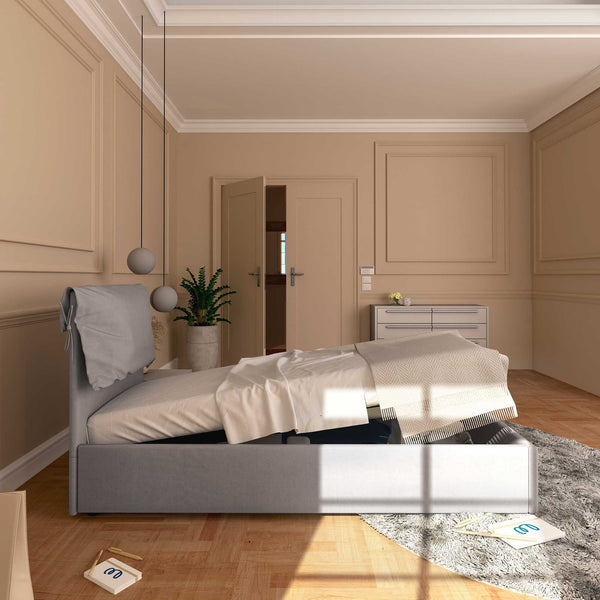 Letto contenitore singolo in tessuto sfoderabile grigio Licia Soft Baldiflex laterale