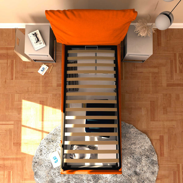 Letto contenitore singolo in tessuto sfoderabile arancione Licia Soft Baldiflex dall'alto