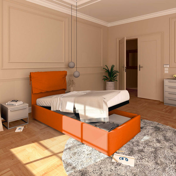 Letto contenitore singolo in tessuto sfoderabile arancione Licia Soft Baldiflex lato