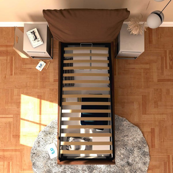 Letto contenitore singolo in tessuto sfoderabile marrone Licia Soft Baldiflex dall'alto