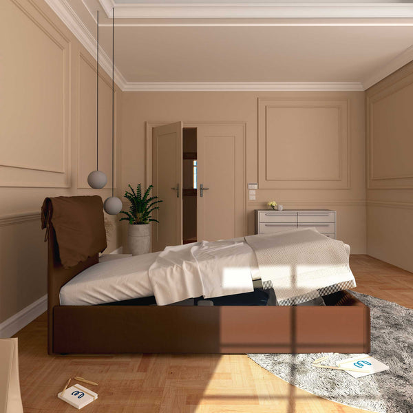 Letto contenitore singolo in tessuto sfoderabile marrone Licia Soft Baldiflex laterale