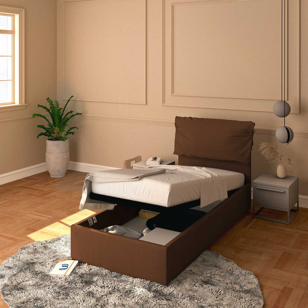 Letto contenitore singolo in tessuto sfoderabile marrone Licia Soft Baldiflex