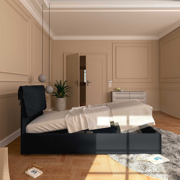 Letto contenitore singolo in tessuto sfoderabile nero Licia Soft Baldiflex laterale