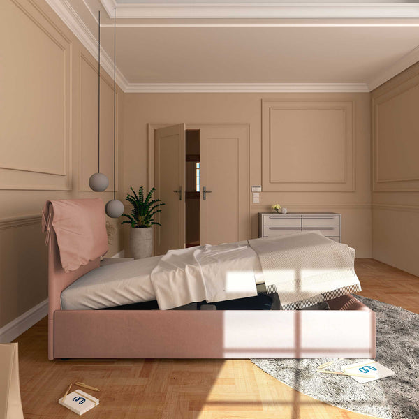 Letto contenitore singolo in tessuto sfoderabile rosa antico Licia Soft Baldiflex laterale