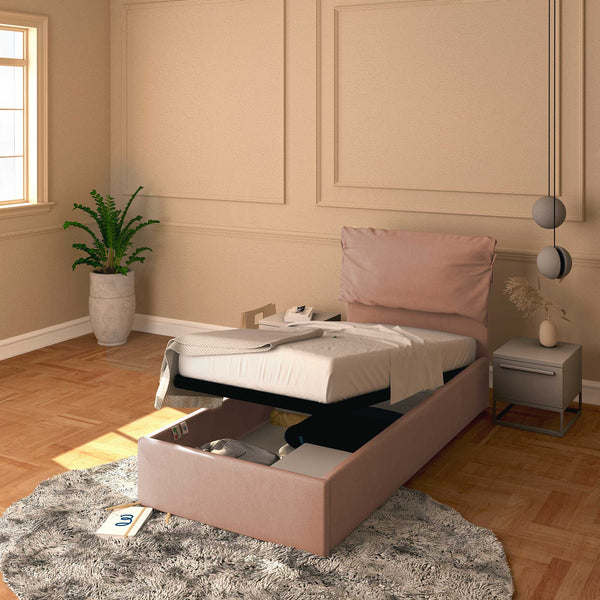 Letto contenitore singolo in tessuto sfoderabile rosa antico Licia Soft Baldiflex
