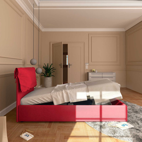 Letto contenitore singolo in tessuto sfoderabile rosso Licia Soft Baldiflex laterale