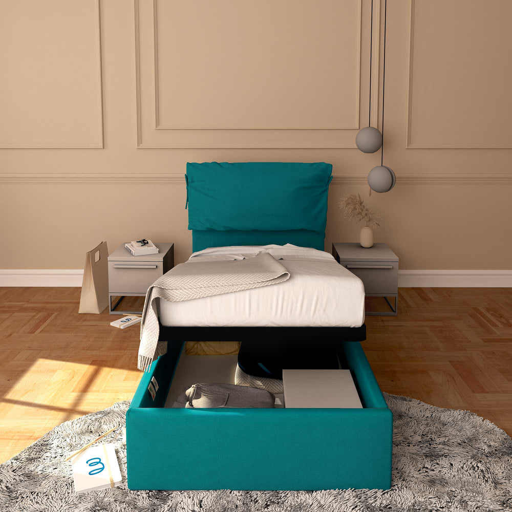 Letto contenitore singolo in tessuto sfoderabile turchese Licia Soft Baldiflex