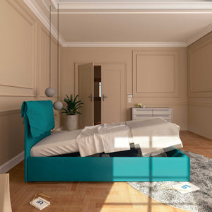 Letto contenitore singolo in tessuto sfoderabile turchese Licia Soft Baldiflex laterale