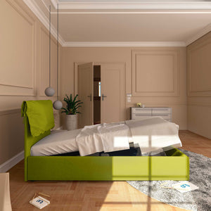 Letto contenitore singolo in tessuto sfoderabile verde Licia Soft Baldiflex laterale
