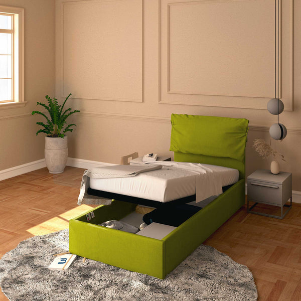 Letto contenitore singolo in tessuto sfoderabile verde Licia Soft Baldiflex