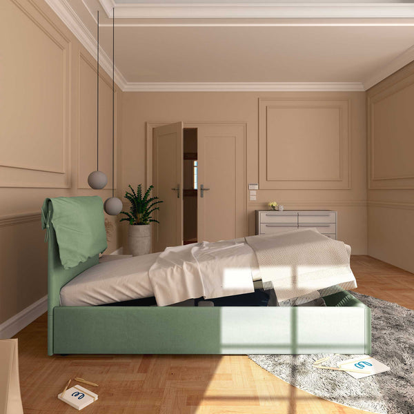 Letto contenitore singolo in tessuto sfoderabile verde menta Licia Soft Baldiflex laterale