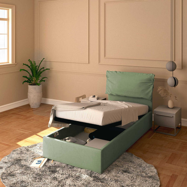 Letto contenitore singolo in tessuto sfoderabile verde menta Licia Soft Baldiflex