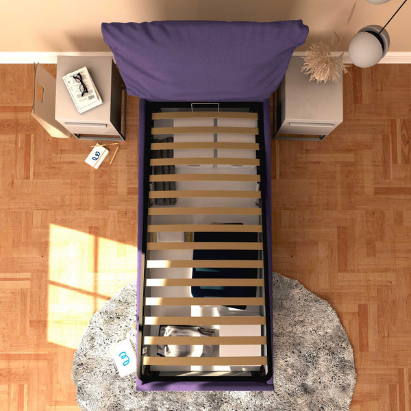 Letto contenitore singolo in tessuto sfoderabile viola Licia Soft Baldiflex dall'alto
