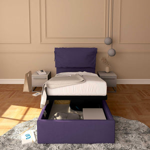 Letto contenitore singolo in tessuto sfoderabile viola Licia Soft Baldiflex fronte