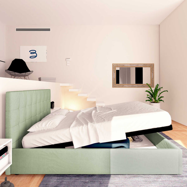 Letto contenitore singolo in tessuto verde menta Baldiflex Dublino laterale