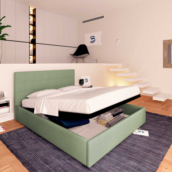 Letto contenitore singolo in tessuto verde menta Baldiflex Dublino lato